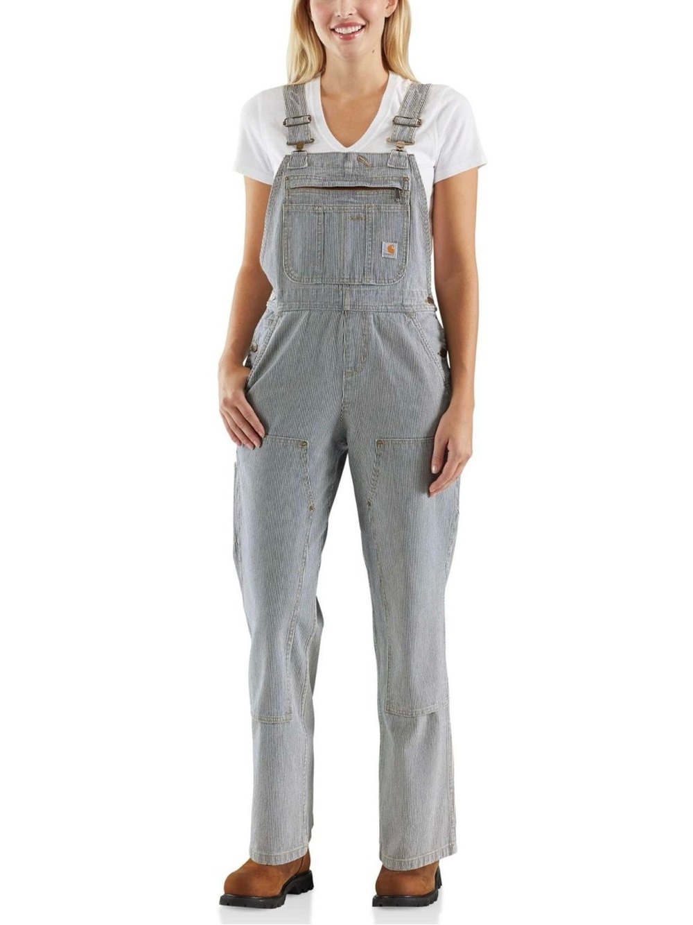 Carhartt Women's Relaxed Fit Denim Railroad Stripe Bib Overall Sz L Short